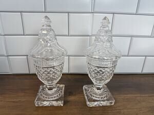 Antique Cut Crystal Covered Urns Candy Jars Pedestal Pair 9.25” Diamond Pattern